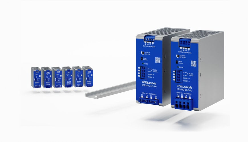 Compact 120W and 240W three-phase input DIN rail power supplies feature +20% peak power capability and low energy inrush current